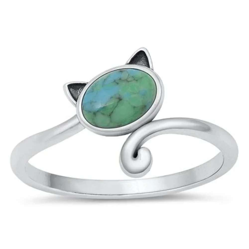 Sterling Silver 925 Turquoise Cabochon Kitty Cat Bypass Style Band Ring Sz 6
